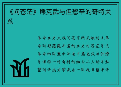 《问苍茫》熊克武与但懋辛的奇特关系