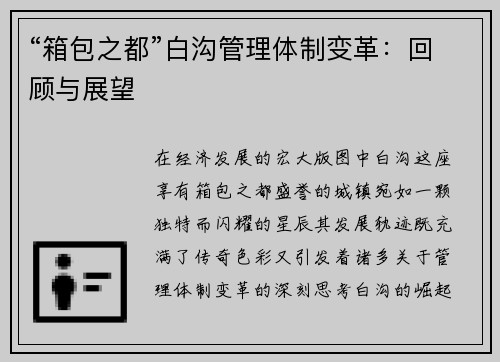 “箱包之都”白沟管理体制变革：回顾与展望