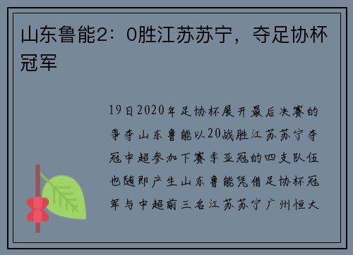 山东鲁能2：0胜江苏苏宁，夺足协杯冠军