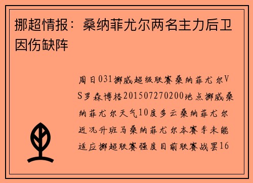 挪超情报：桑纳菲尤尔两名主力后卫因伤缺阵