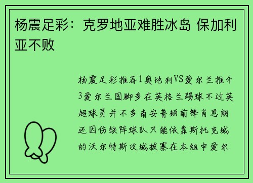 杨震足彩：克罗地亚难胜冰岛 保加利亚不败