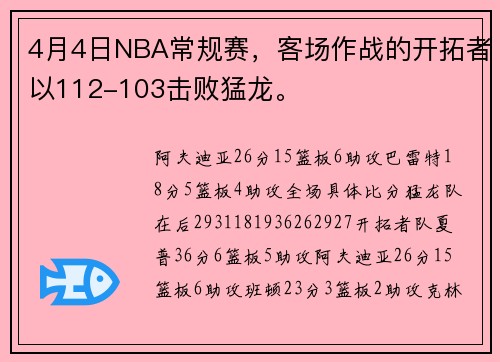 4月4日NBA常规赛，客场作战的开拓者以112-103击败猛龙。