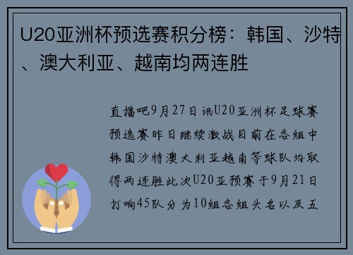 U20亚洲杯预选赛积分榜：韩国、沙特、澳大利亚、越南均两连胜