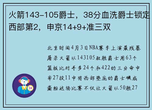 火箭143-105爵士，38分血洗爵士锁定西部第2，申京14+9+准三双