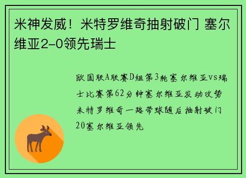 米神发威！米特罗维奇抽射破门 塞尔维亚2-0领先瑞士