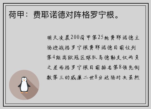 荷甲：费耶诺德对阵格罗宁根。